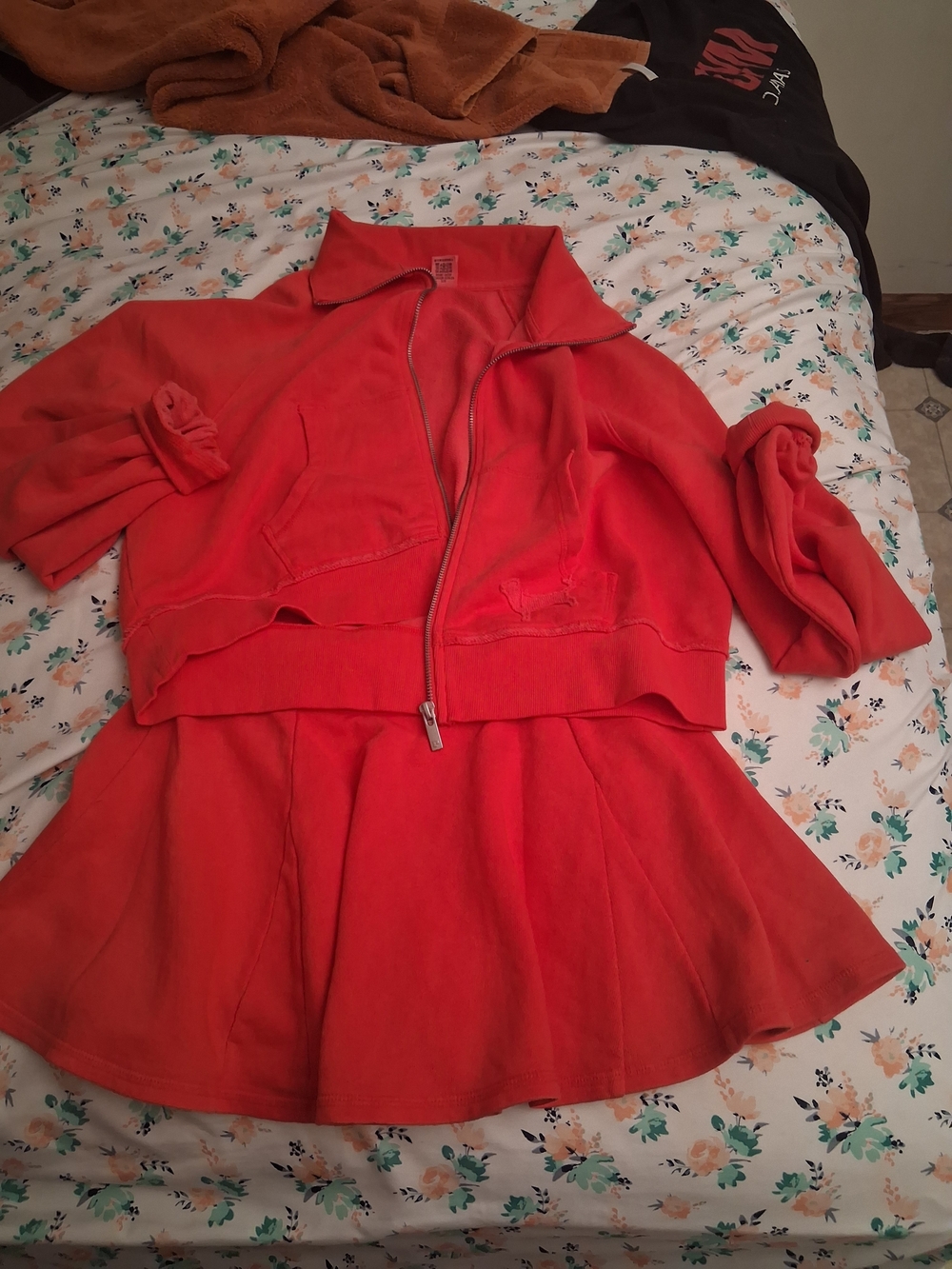 Bright Red Zip-Front Two-Piece Skirt Set